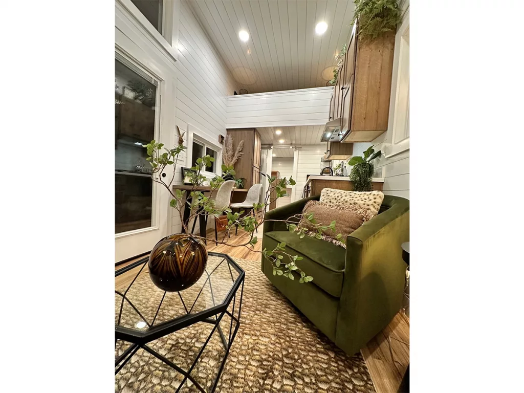 View of kitchen from couch